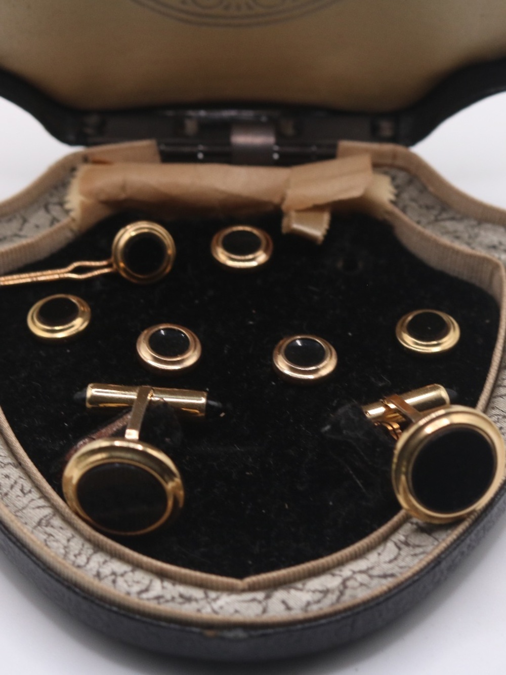 Vintage Black Ony14k Gold Overlay 8 Piece Cufflinks Stud Set in Original Box